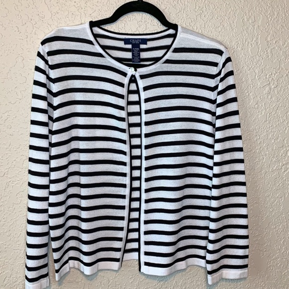 Chaps Sweaters - Chaps by Ralph Lauren Black White Striped Lightweight Cropped Cardigan Sweater